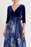 Blue Flower A-Line V-Neck Long Mother of the Bride Dress with 3/4 Sleeves