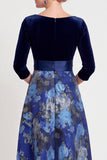Blue Flower A-Line V-Neck Long Mother of the Bride Dress with 3/4 Sleeves