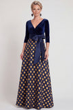 Blue Flower A-Line V-Neck Long Mother of the Bride Dress with 3/4 Sleeves