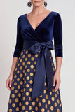 Blue Flower A-Line V-Neck Long Mother of the Bride Dress with 3/4 Sleeves