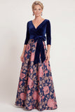 Blue Flower A-Line V-Neck Long Mother of the Bride Dress with 3/4 Sleeves