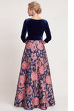 Blue Flower A-Line V-Neck Long Mother of the Bride Dress with 3/4 Sleeves