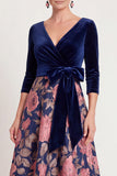Blue Flower A-Line V-Neck Long Mother of the Bride Dress with 3/4 Sleeves