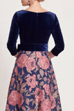 Blue Flower A-Line V-Neck Long Mother of the Bride Dress with 3/4 Sleeves
