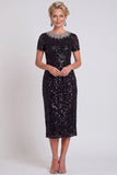 Sparkly Black Round Neck Sequins Bodycon Midi Mother of the Bride Dress with Beading