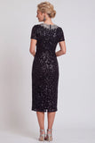 Sparkly Black Round Neck Sequins Bodycon Midi Mother of the Bride Dress with Beading