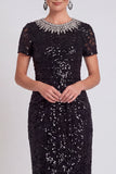 Sparkly Black Round Neck Sequins Bodycon Midi Mother of the Bride Dress with Beading