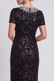 Sparkly Black Round Neck Sequins Bodycon Midi Mother of the Bride Dress with Beading