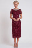 Sparkly Black Round Neck Sequins Bodycon Midi Mother of the Bride Dress with Beading