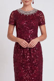 Sparkly Black Round Neck Sequins Bodycon Midi Mother of the Bride Dress with Beading