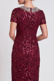 Sparkly Black Round Neck Sequins Bodycon Midi Mother of the Bride Dress with Beading