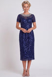 Sparkly Black Round Neck Sequins Bodycon Midi Mother of the Bride Dress with Beading