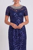 Sparkly Black Round Neck Sequins Bodycon Midi Mother of the Bride Dress with Beading