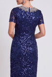 Sparkly Black Round Neck Sequins Bodycon Midi Mother of the Bride Dress with Beading