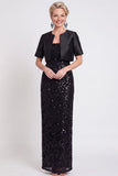 Sparkly Black Sequins Bodycon Long Mother of the Bride Dress with Slit