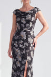 Mermaid Black Floral Long Mother of the Bride Dress with Slit