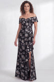 Off the Shoulder Mermaid Black Floral Ruffled Long Mother of the Bride Dress with Slit
