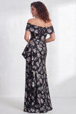 Off the Shoulder Mermaid Black Floral Ruffled Long Mother of the Bride Dress with Slit
