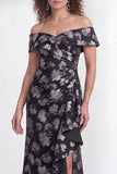 Off the Shoulder Mermaid Black Floral Ruffled Long Mother of the Bride Dress with Slit