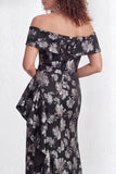 Off the Shoulder Mermaid Black Floral Ruffled Long Mother of the Bride Dress with Slit