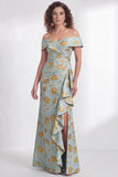 Off the Shoulder Mermaid Black Floral Ruffled Long Mother of the Bride Dress with Slit