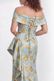 Off the Shoulder Mermaid Black Floral Ruffled Long Mother of the Bride Dress with Slit