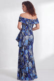 Off the Shoulder Mermaid Black Floral Ruffled Long Mother of the Bride Dress with Slit