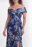 Off the Shoulder Mermaid Black Floral Ruffled Long Mother of the Bride Dress with Slit