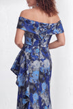 Off the Shoulder Mermaid Black Floral Ruffled Long Mother of the Bride Dress with Slit