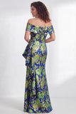 Off the Shoulder Mermaid Black Floral Ruffled Long Mother of the Bride Dress with Slit