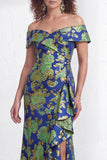 Off the Shoulder Mermaid Black Floral Ruffled Long Mother of the Bride Dress with Slit