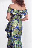 Off the Shoulder Mermaid Black Floral Ruffled Long Mother of the Bride Dress with Slit