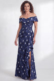 Off the Shoulder Mermaid Black Floral Ruffled Long Mother of the Bride Dress with Slit