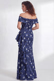 Off the Shoulder Mermaid Black Floral Ruffled Long Mother of the Bride Dress with Slit