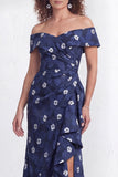 Off the Shoulder Mermaid Black Floral Ruffled Long Mother of the Bride Dress with Slit