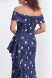 Off the Shoulder Mermaid Black Floral Ruffled Long Mother of the Bride Dress with Slit