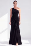 One Shoulder Mermaid Black Velvet Ruffled Ruched Long Mother of the Bride Dress