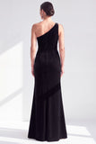One Shoulder Mermaid Black Velvet Ruffled Ruched Long Mother of the Bride Dress