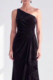 One Shoulder Mermaid Black Velvet Ruffled Ruched Long Mother of the Bride Dress