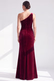 One Shoulder Mermaid Black Velvet Ruffled Ruched Long Mother of the Bride Dress