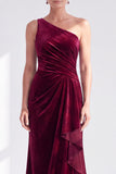 One Shoulder Mermaid Black Velvet Ruffled Ruched Long Mother of the Bride Dress