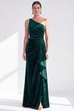 One Shoulder Mermaid Black Velvet Ruffled Ruched Long Mother of the Bride Dress
