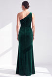 One Shoulder Mermaid Black Velvet Ruffled Ruched Long Mother of the Bride Dress