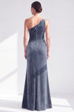 One Shoulder Mermaid Black Velvet Ruffled Ruched Long Mother of the Bride Dress