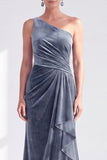 One Shoulder Mermaid Black Velvet Ruffled Ruched Long Mother of the Bride Dress