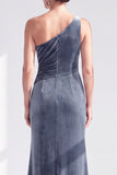 One Shoulder Mermaid Black Velvet Ruffled Ruched Long Mother of the Bride Dress