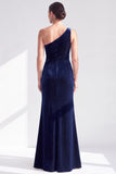 One Shoulder Mermaid Black Velvet Ruffled Ruched Long Mother of the Bride Dress