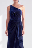 One Shoulder Mermaid Black Velvet Ruffled Ruched Long Mother of the Bride Dress