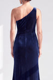 One Shoulder Mermaid Black Velvet Ruffled Ruched Long Mother of the Bride Dress
