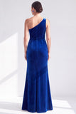 One Shoulder Mermaid Black Velvet Ruffled Ruched Long Mother of the Bride Dress